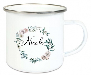 ♥ Tasse Emailletasse Blumenkranz Rosen altrosa Blüten Wunschname, Dankeschön, Geburtstag, Abschied, Jubiläum, Geschenk, Becher von Lüttentüddel